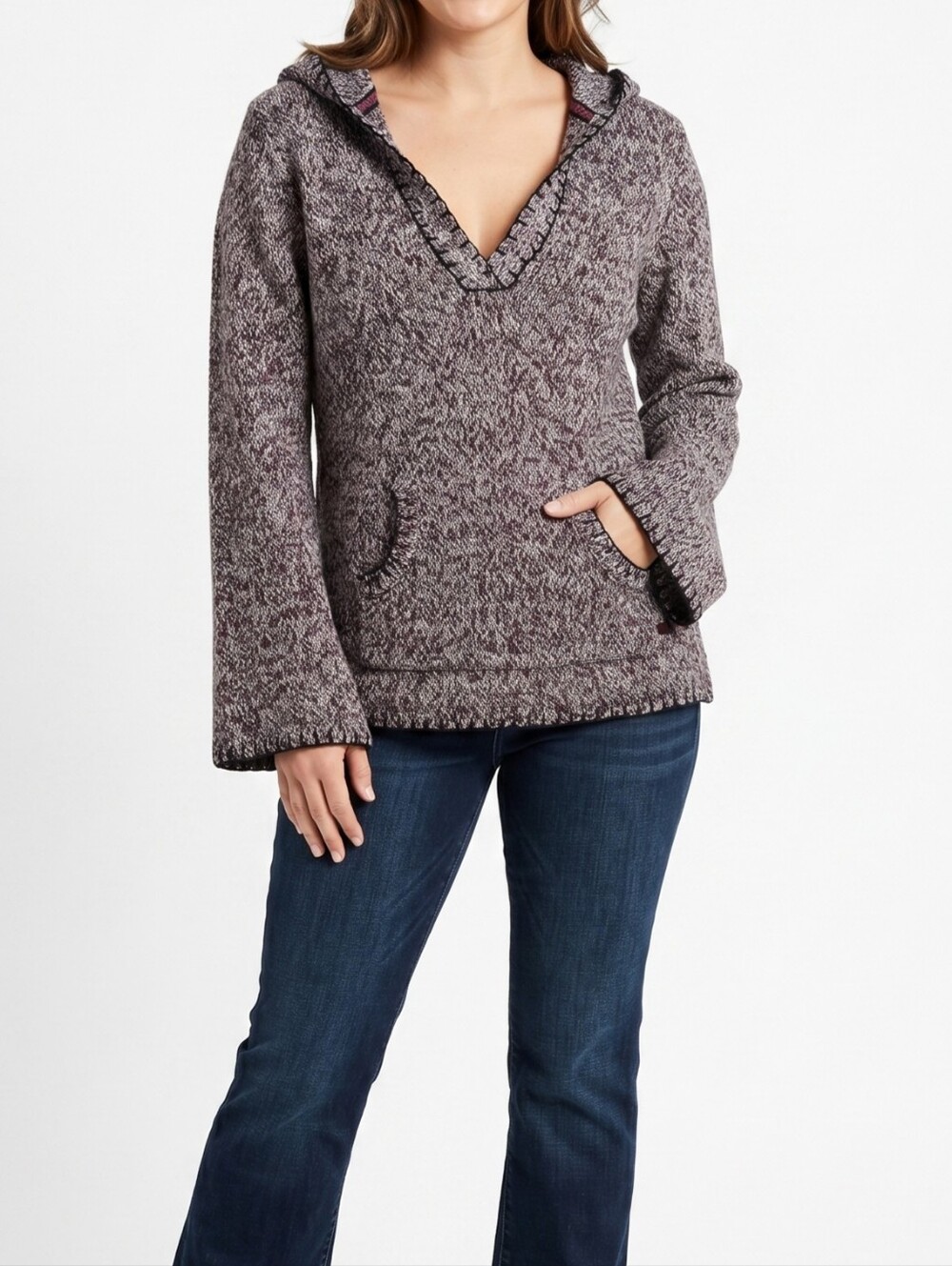 Gitano Marled Hooded Sweater Women's Size M Gray Black Red Pullover Knit Hoodie
